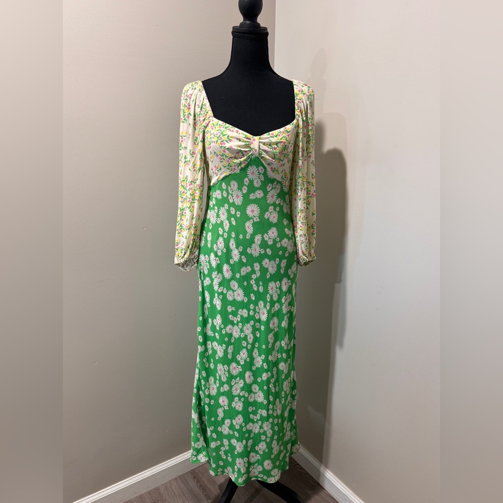 RIXO Green & Cream Floral Long Sleeve Dress size‎ 4 Brunch Ready Cottagecore